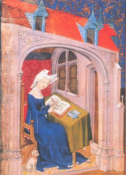 an old drawing of Christine de Pisan the French poet working at her desk