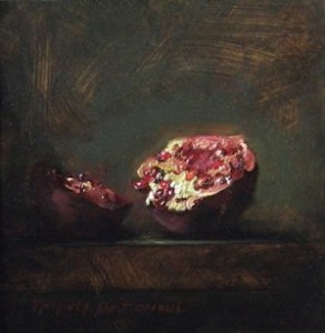 still life painting of an open pomegranate