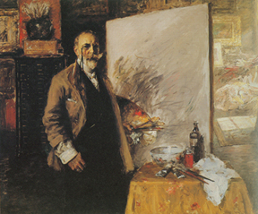 old painting of a portrait of a male painter next to his canvas