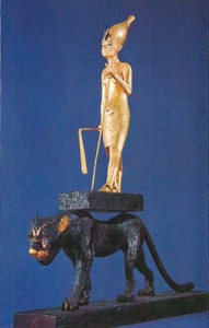 Egyptian sculpture of pharaoh on jaguar