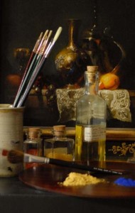 painting of the paint supplies on artists desk