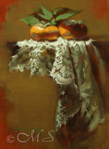 Classical Still life Oil Painting in Chiaroscuro style featuring a lace tablecloth with oranges