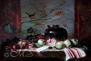 fine art still life painting of a scene with apples bunches of grapes sitting on a tabletop draped with white and red striped cloth against an elegant backdrop of a mural of a bird on a tree branch entitled Bright Oregon