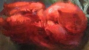 detail of red flower painted howing impasto and brushstrokes