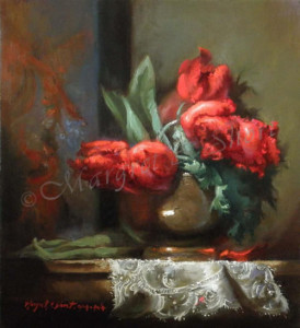 painting of red florals in copper vase with lace
