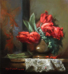 studio light setup still life painting of red tulips in vase