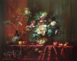 fine art dutch still life painting featuring a vase full of flowers sitting on a table draped with red cloth by Margret short