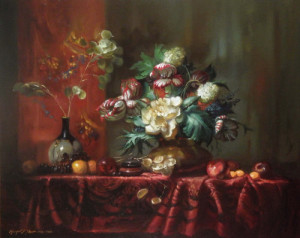 dutch style painting of grand bouquet of colorful flowers on table draped with fabrics by Margret short