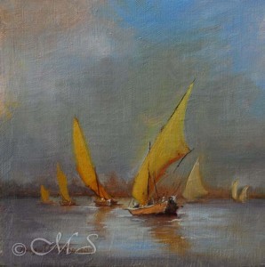 painting using oil paint on linen of felucca ships on the water