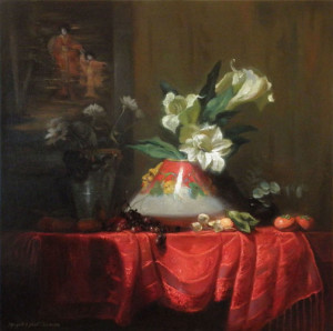 30x30 Oil on Linen painting of vase full of flowers on top of red cloth