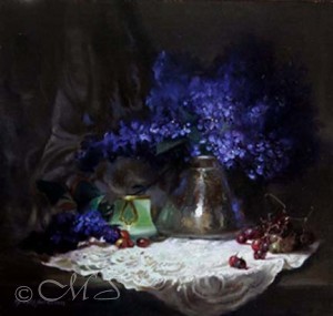still life painting of a bouquet full of lilac florals on a tabletop with a white lace tablecloth against a dark backdrop