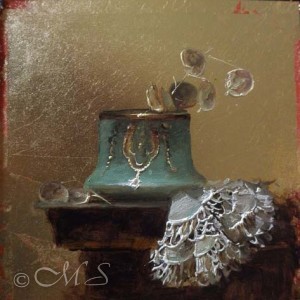 Gold Leaf painting showing lace, silver dollars, and green jar copyright Margret E. Short, 2015 Oil on Gold Leaf