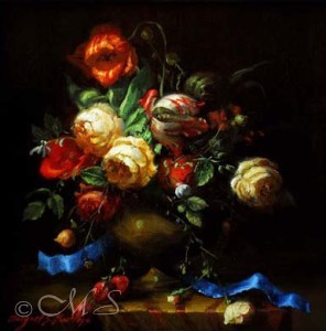 fine art still life painting of a big dutch style bouquet of flowers draped in blue ribbon