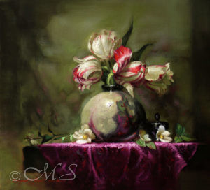 Classical Still life Oil Painting in Chiaroscuro style using Old Master Technique to paint a vase full of tulips