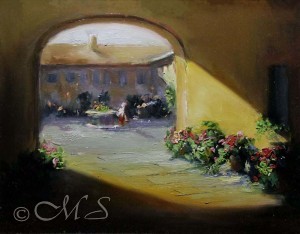 oil painting on linen of a courtyard with a fountain in La Foce