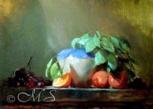 Vase and Tangerines by Marget Short - use light thoughtfully in your oil painting composition