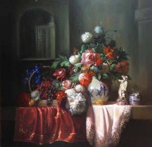 dutch style fine art still life oil painting of a vase with florals on red tablecloth