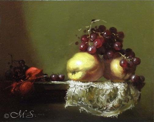 Quince and Lace - a still life oil painting by Margret Short