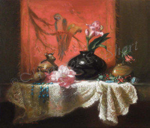 still life painting of artifacts and treasures on tabletop