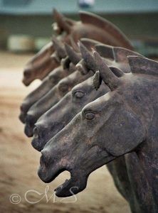 Xian Horses for the soldiers in the Terracotta army side by side as stone sculpture pieces.