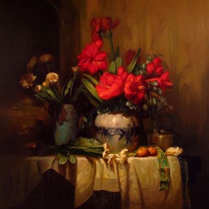 painting of a still life scene with vase full of flora on tabletop with drapery