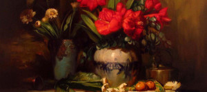 detail of richly contrast colorful oil painting of still life assortment of florals on draped table by Margret short