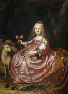 old painting of small child sitting next to sheep