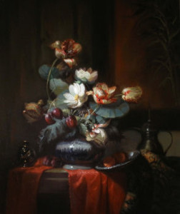 Dutch stilleven style painting moody light floral bouquet by Margret short