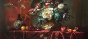 dutch style painting of grand bouquet of colorful flowers on table draped with fabrics by Margret short