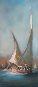 oil painting of felucca boats on the nile by Margret short