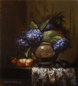 painting of a vase full of blue hydrangeas