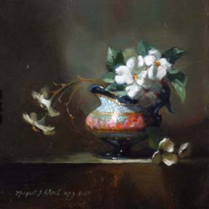 classic fine art still life painting of dogwood flowers in porcelain painted pitcher