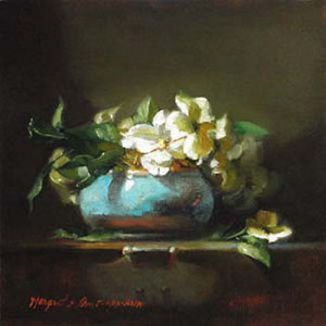 classic fine art still life painting of dogwood flowers in teal vase