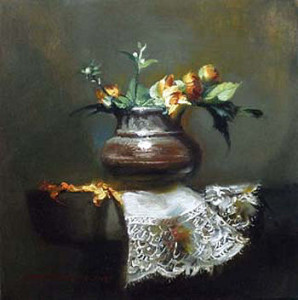 classic fine art still life painting of flowers in ceramic pottery