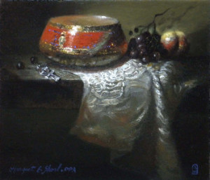 Dutch stilleven style painting of bowl and fruits by Margret short