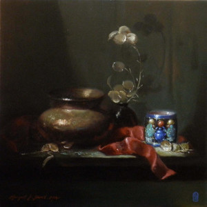 oil painting of a still life scene with vase next to draped ribbon