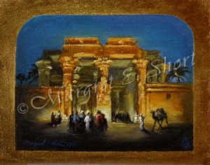 Painting of Kom Ombo made with oil paint on gold leaf