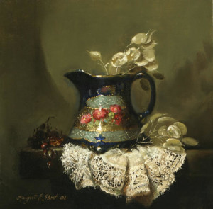 painting of a ceramic water pitcher filled with flora