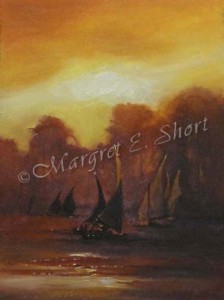 oil painting of felucca boats on water by Margret short