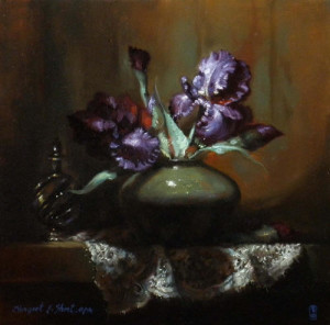 painting of large purple irises in green vase