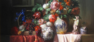 dutch style painting of grand bouquet of colorful flowers on table draped with fabrics by Margret short