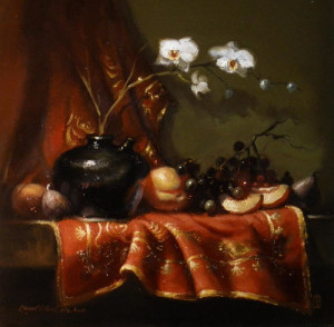 oil painting still life scene with vase with white orchids fruits and adornments