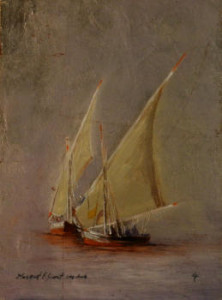 oil painting of felucca boats on water by Margret short