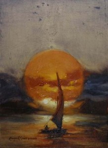 painting of felucca with sunset on the nile