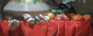 close up of fine art still life oil painting of a vase with florals on red tablecloth