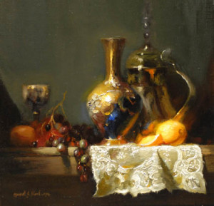 oil painting still life scene of vases on table