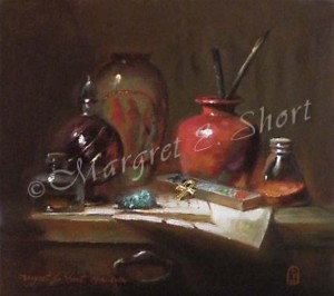 fine art oil painting of pottery painting supplies on table